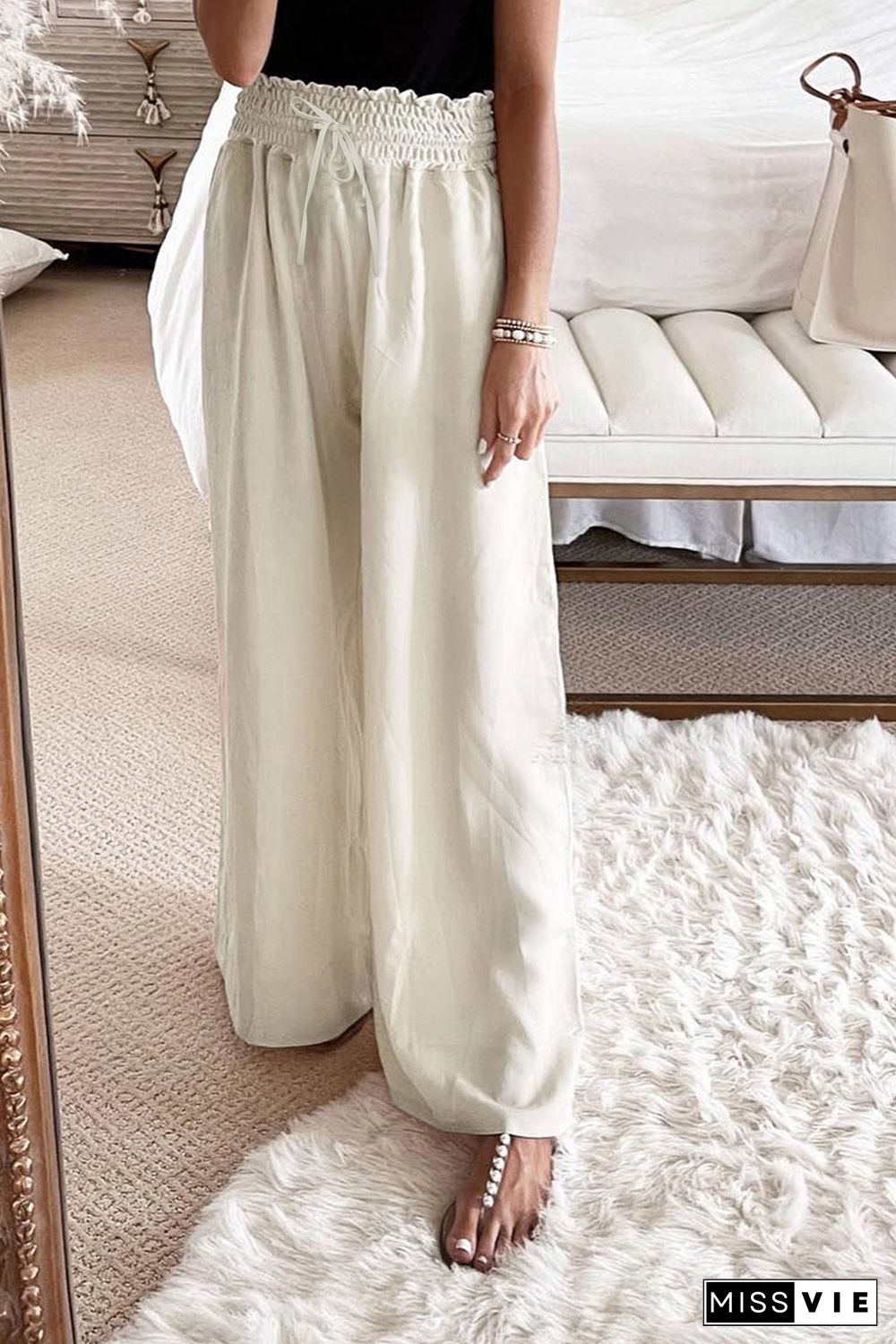 Beige Smocked High Waist Wide Leg Pants