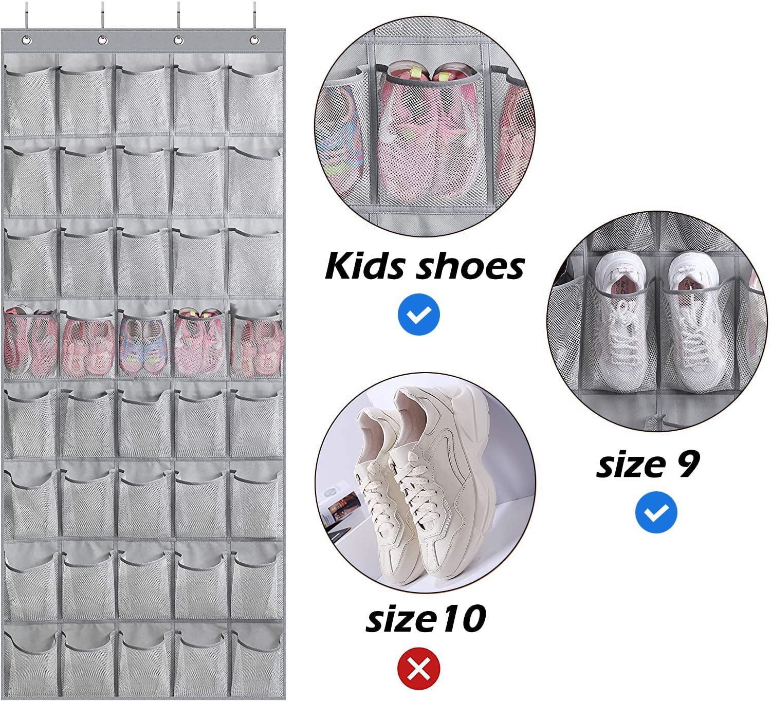 MISSLO Large Over the Door Organizer with 40 Mesh Pockets Hanging Shoe Rack Holder for Closet Pantry Bathroom Accessory Storage， Gray