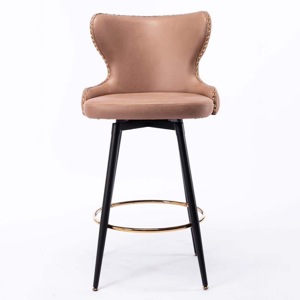 GOJANE 41.30 in. khaki Modern Leathaire Bar Stool with Tufted Gold Nailhead Trim and Metal Legs, Set of 2 W114342858LWY