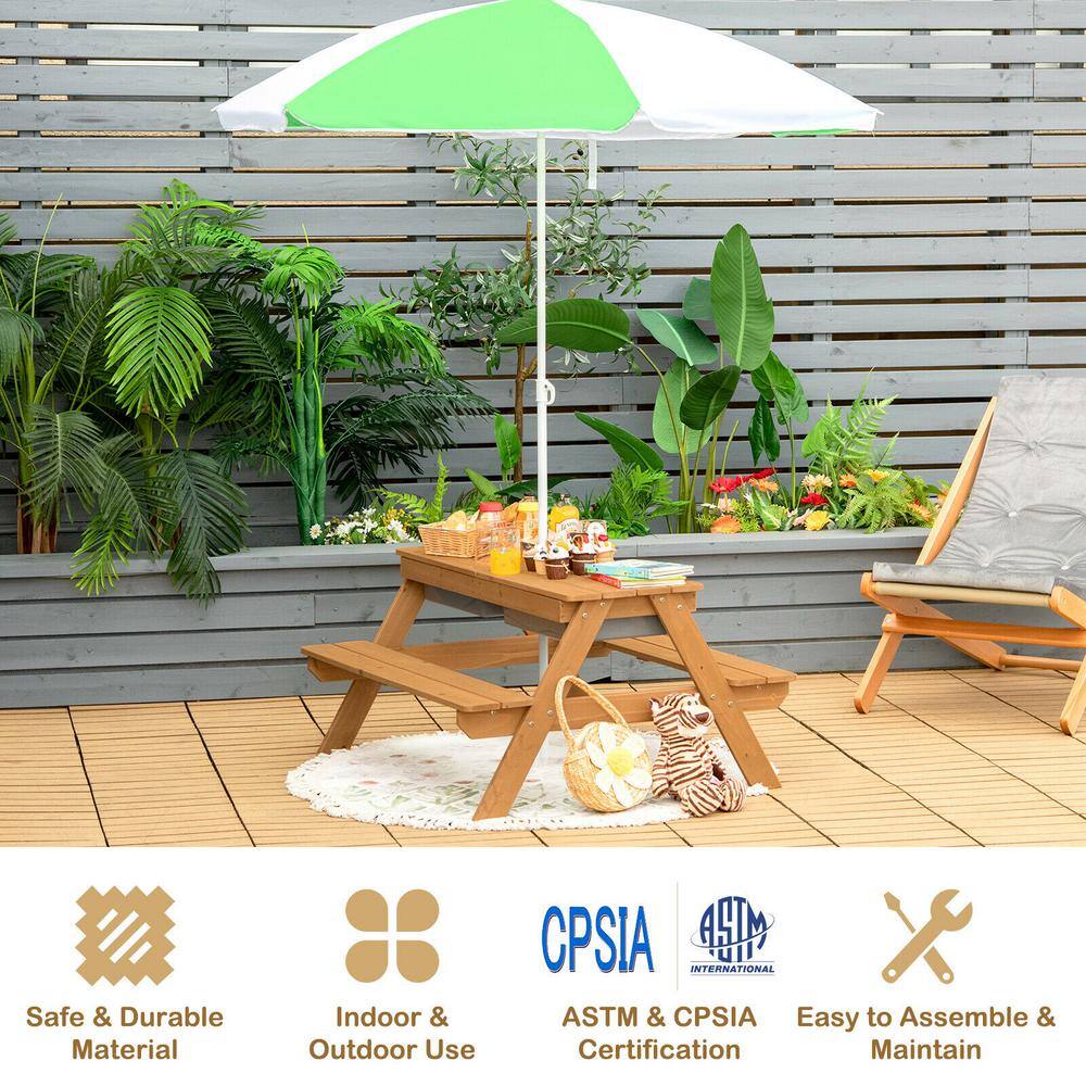 ANGELES HOME Rectangle Wood Outdoor Picnic Table with Umbrella Play Boxes 8CK10-HY8