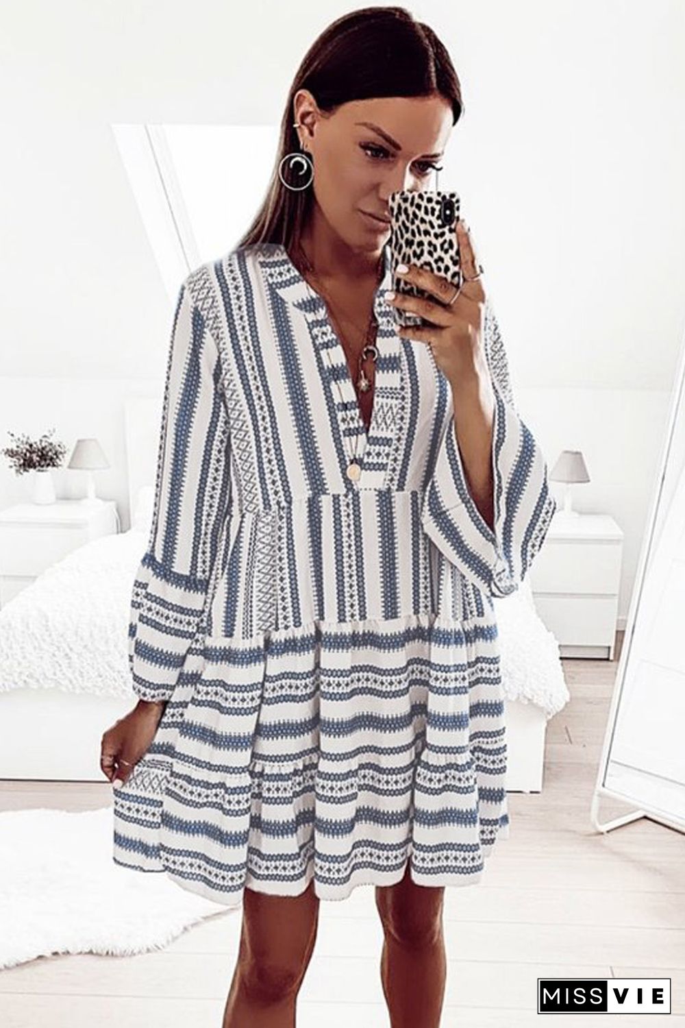 Sky Blue Geometric Print V neck Ruffle Swing Mini Dress