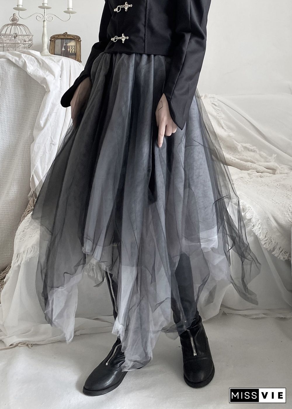 DIY Black Asymmetrical Wrinkled Solid Tulle A Line Skirt Fall