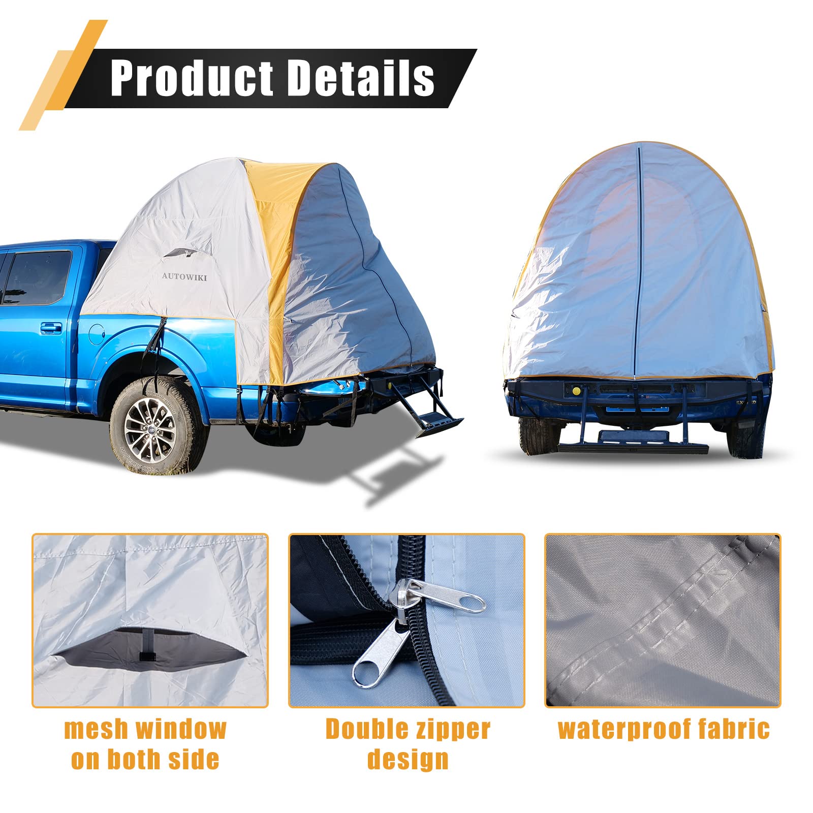 AUTOWIKI Truck Bed Tent Full Size for 5.5-5.8 ft Pickup Truck Bed Tent 2 Person Camping Oxford Cloth PU fit for Ford Chevy Dodge GMC Toyota Tundra Orange and Gray