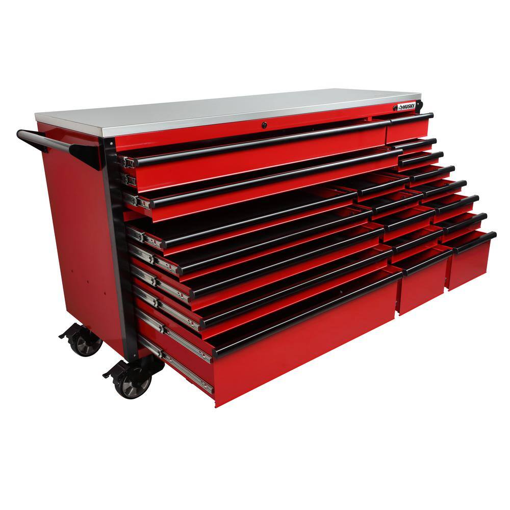 Husky 72 in. W x 24.5 in. D Professional Duty 20-Drawer Mobile Workbench Combo with Top Hutch and Top Locker in Gloss Red HPROSUITE3RED