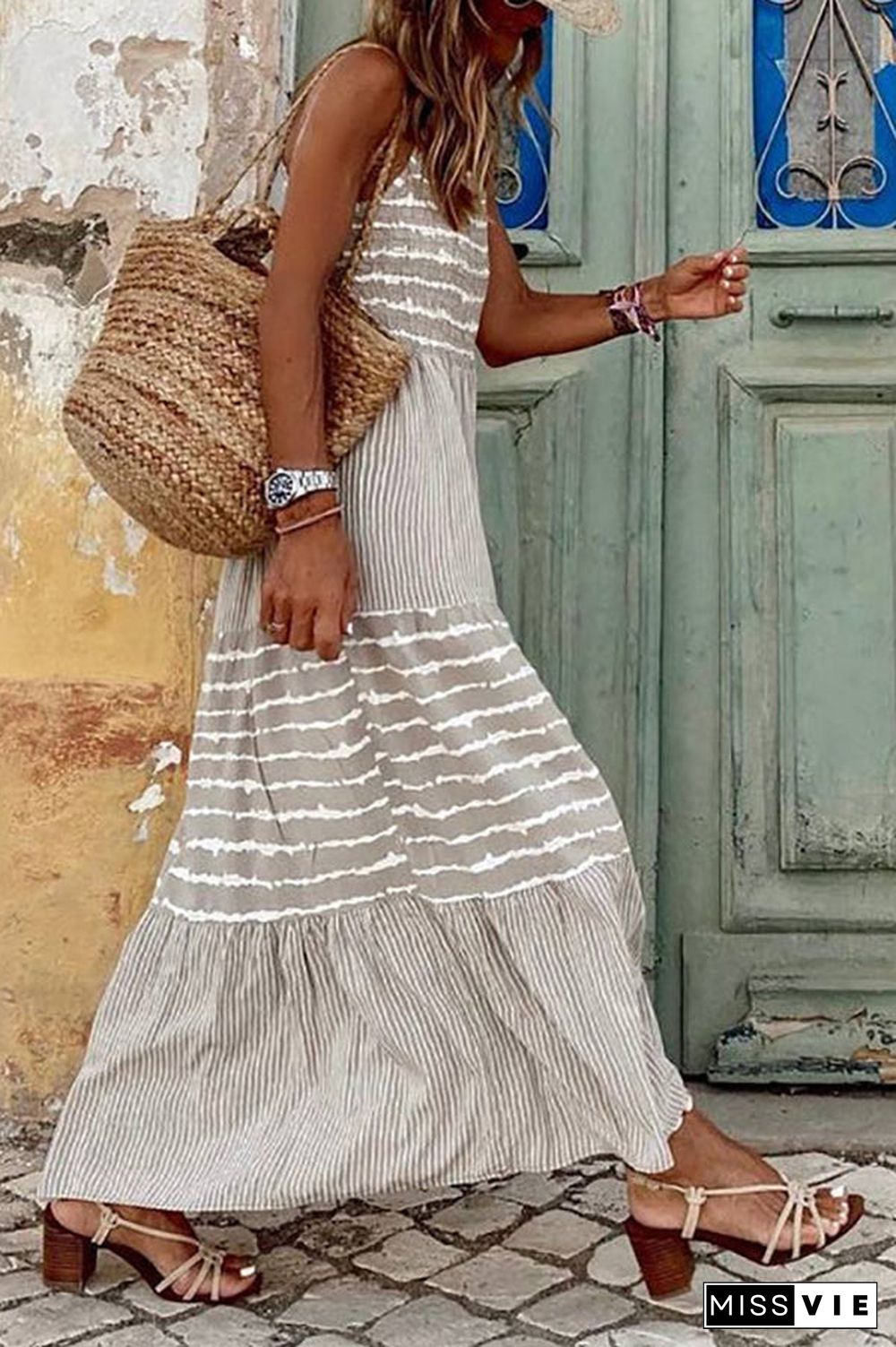 Stripe Patchwork Halter Neck Maxi Dress