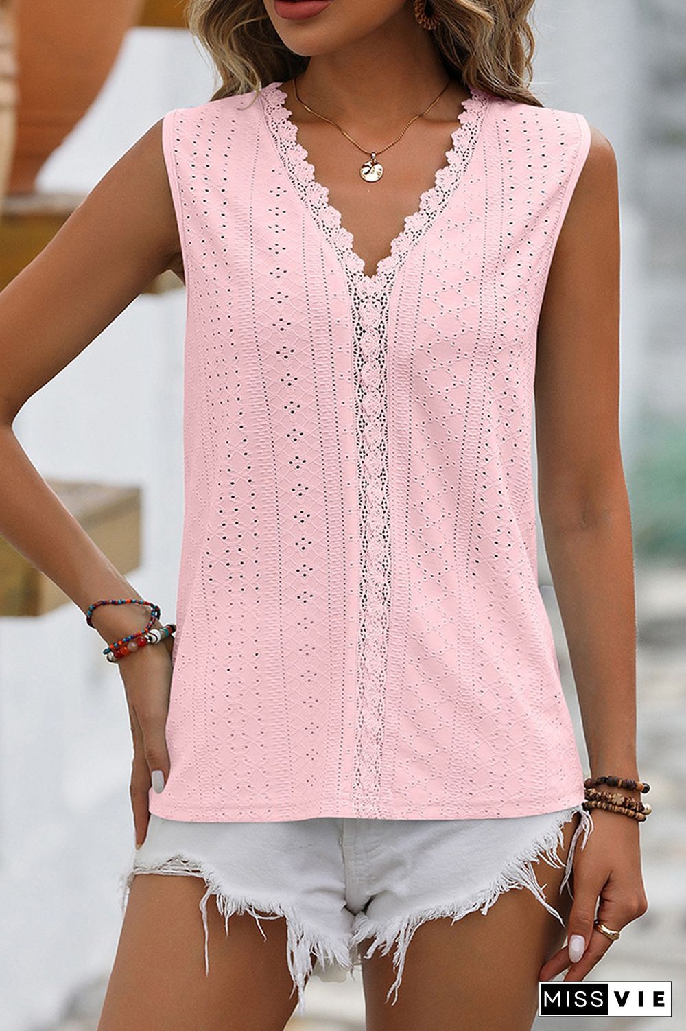 Plain V Neck Lace Edge Eyelet Pattern Tank Top