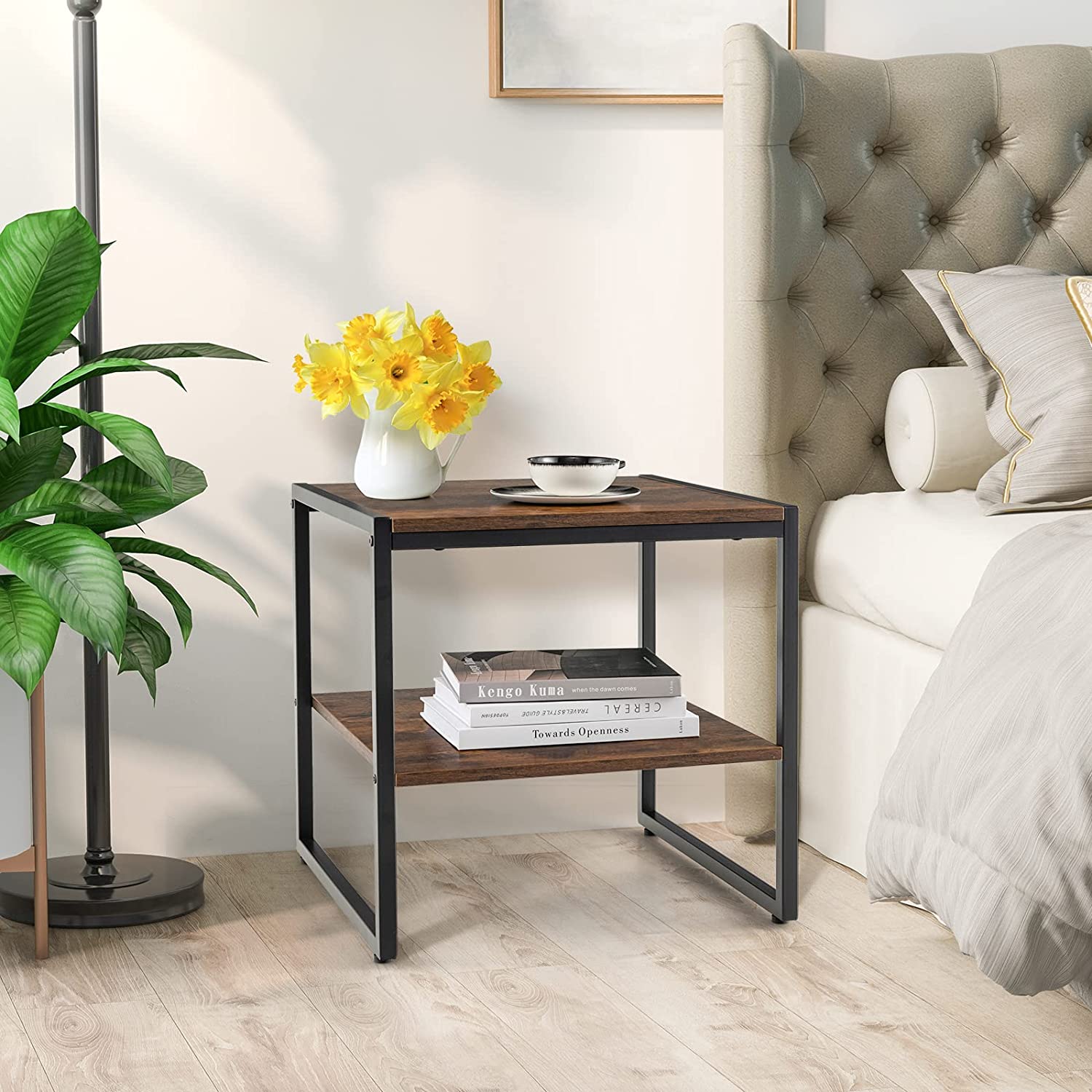 Side Table Set of 2, 2 Tier Coffee Table with Mental Frame Wood Top, Industrial Nightstands Bedside Sofa Side End Table with Adjustable Feet, for Living Room Bedroom