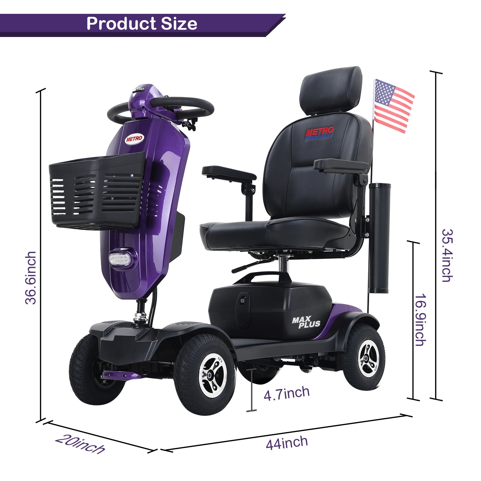 4 Wheels Mobility Scooter for Seniors Adults,LED Lights USB Port Long Range ,Purple