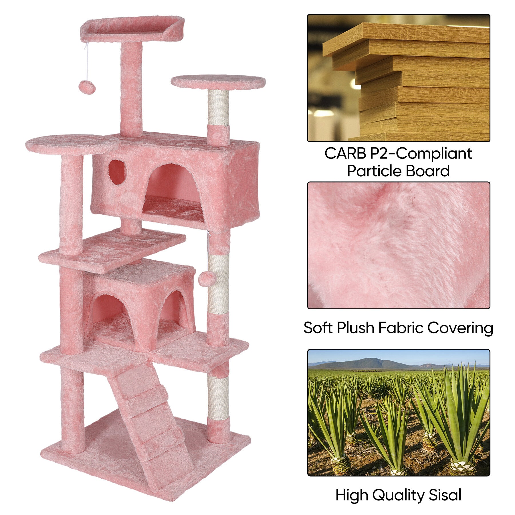 ZENSTYLE 55-in H Cat Tree and Condo Scratching Post Tower， Pink