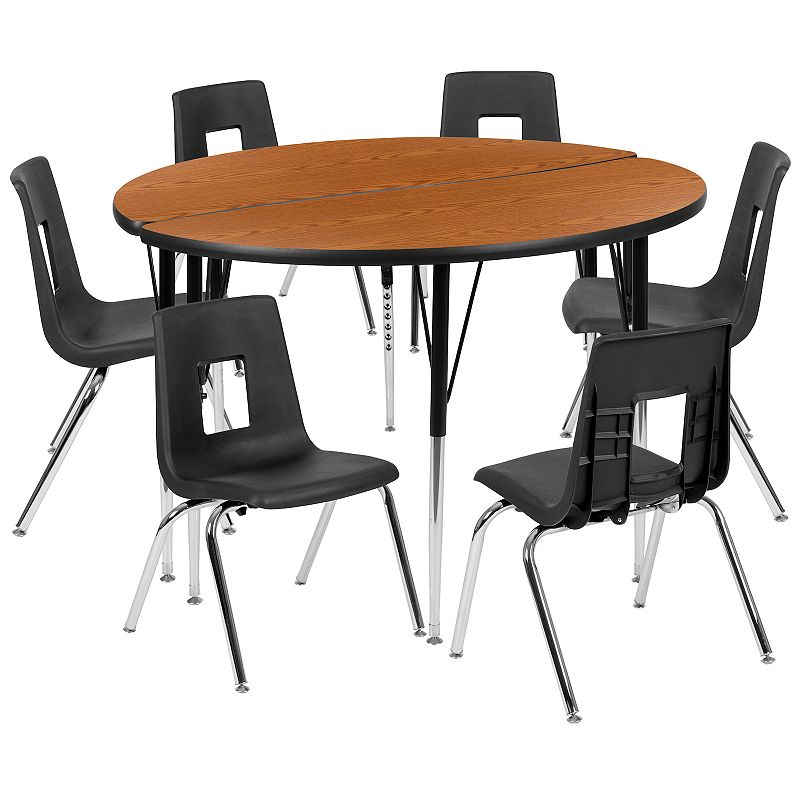 Emma and Oliver 47.5 Circle Wave Activity Table Set with 18 Student Stack Chairs， Grey/Black