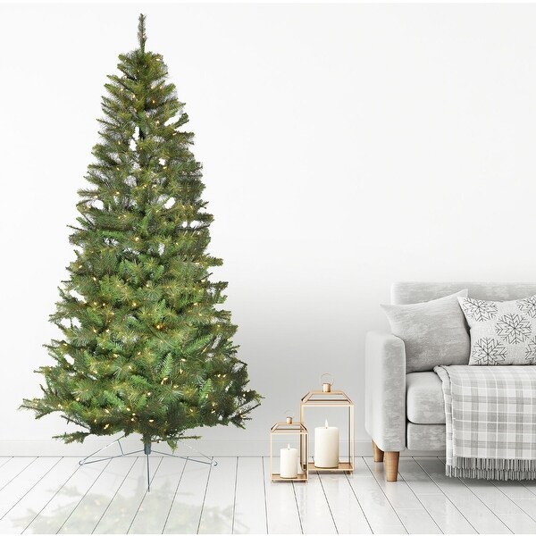 Fraser Hill Farm 7.5Ft. PreLit Half Wall Green Christmas Tree，Warm White LED Lights