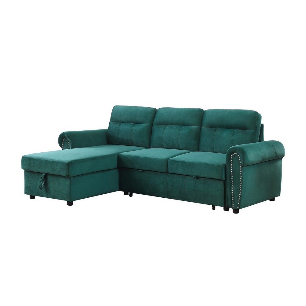 Irma 97 Inch 2 Piece Sectional Sofa  Pull Out Bed  Rolled Arm  Green Velvet