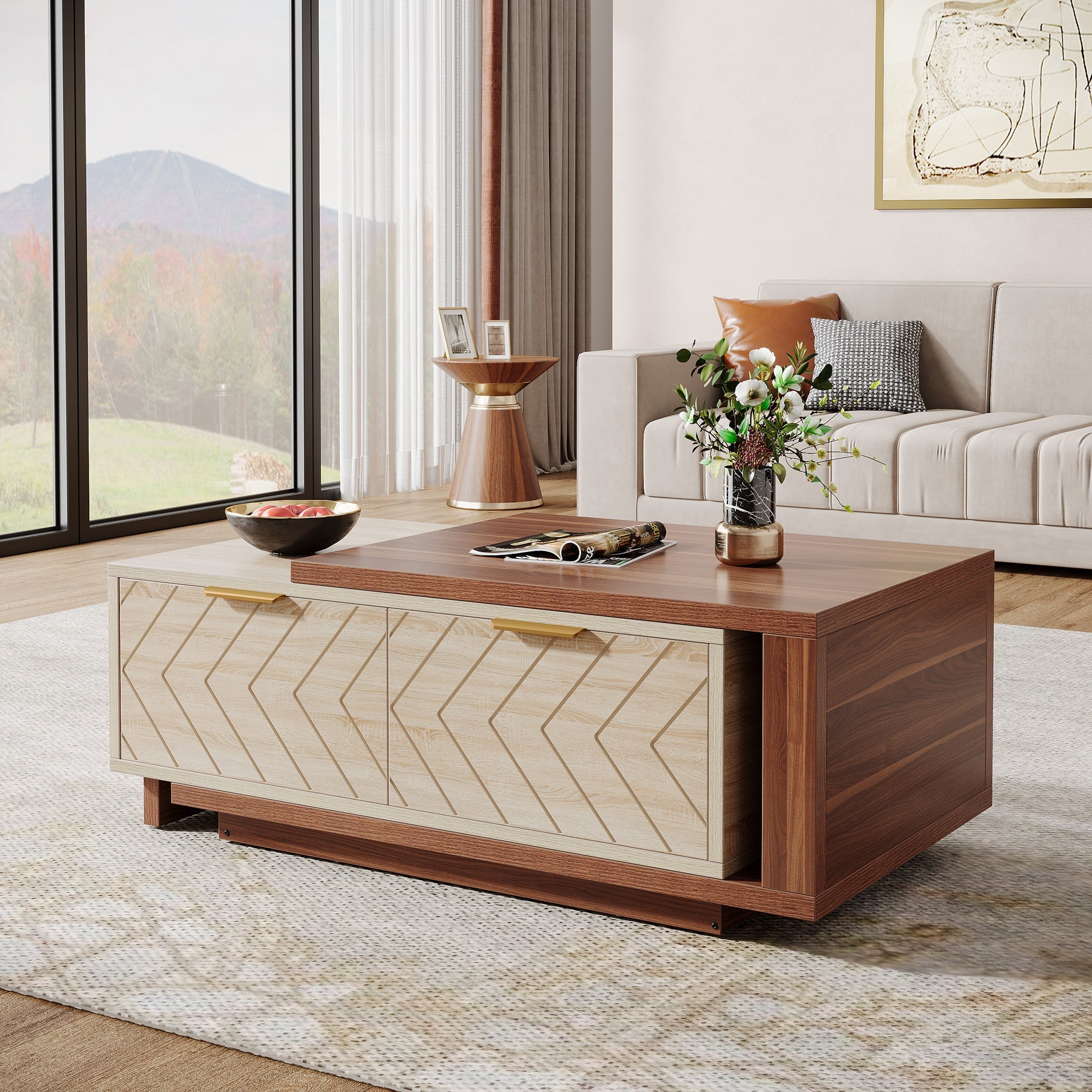 Extendable Coffee Table, Center Table Cocktail Table with 2 Storage Drawers