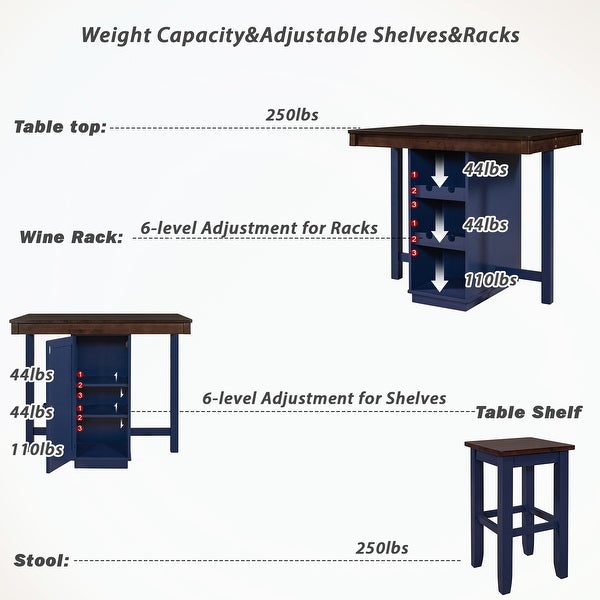 Wood Table with 3-Tier Adjustable Storage Shelves and Wine Racks