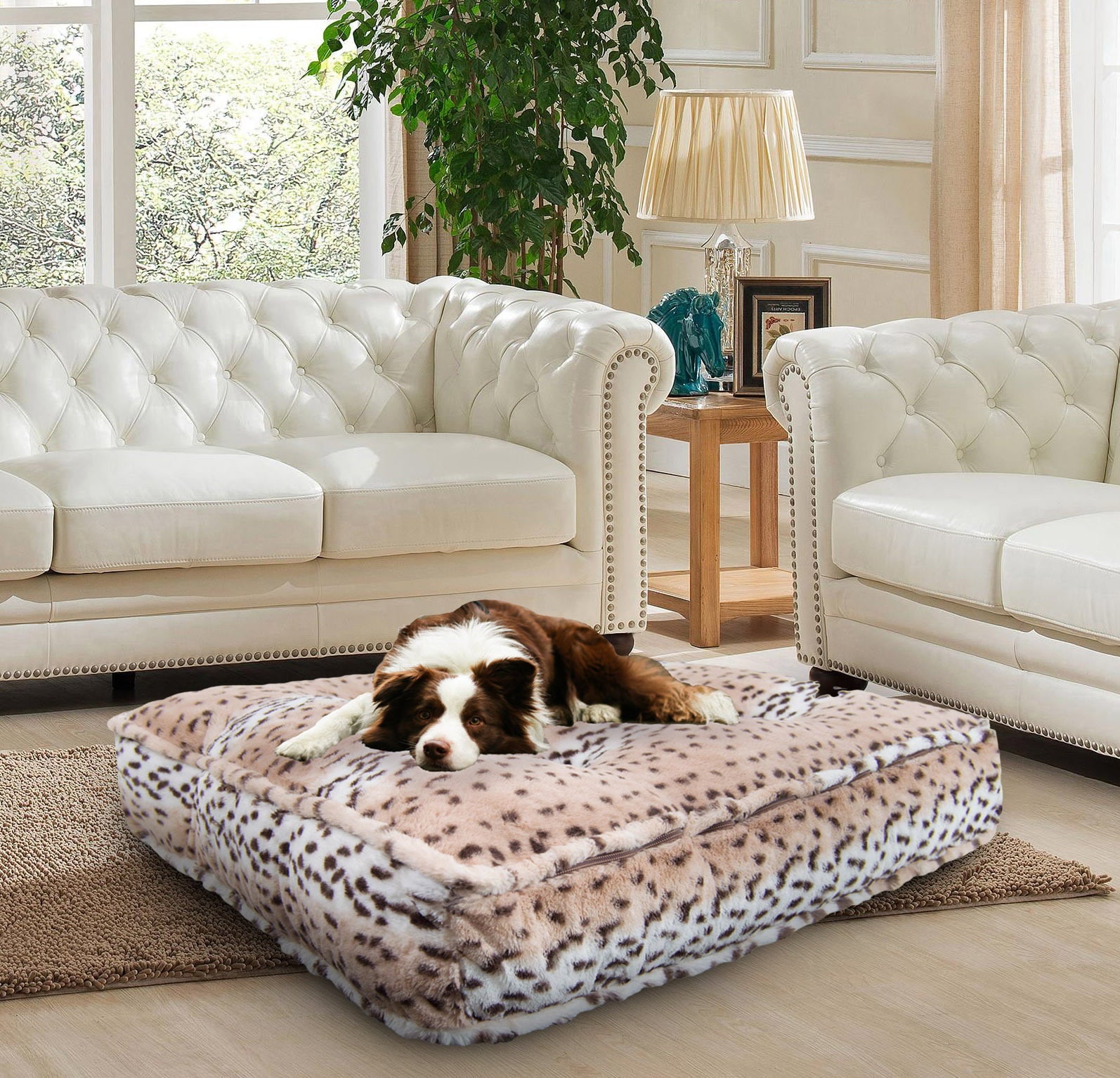 Bessie and Barnie Aspen Snow Leopard Luxury Extra Plush Faux Fur Rectangle Pet， Dog Bed