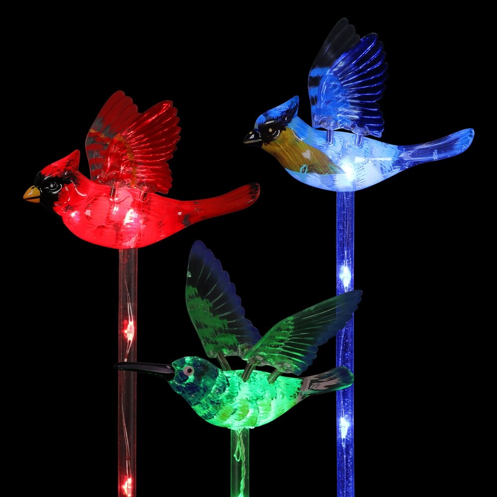 Exhart Solar WindyWing Garden Stake Set of Cardinal  Hummingbird and Blue Bird with Colored LED Lights  4 by 27 Inch