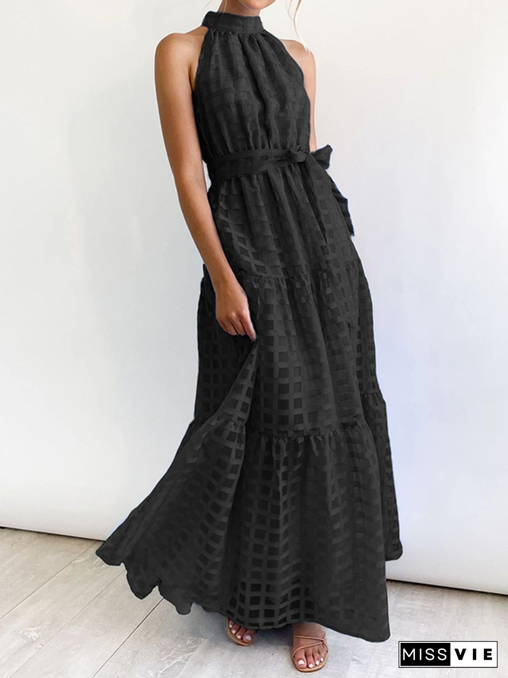 Loose Sleeveless Plaid Ribbed Stand Collar Maxi Dresses