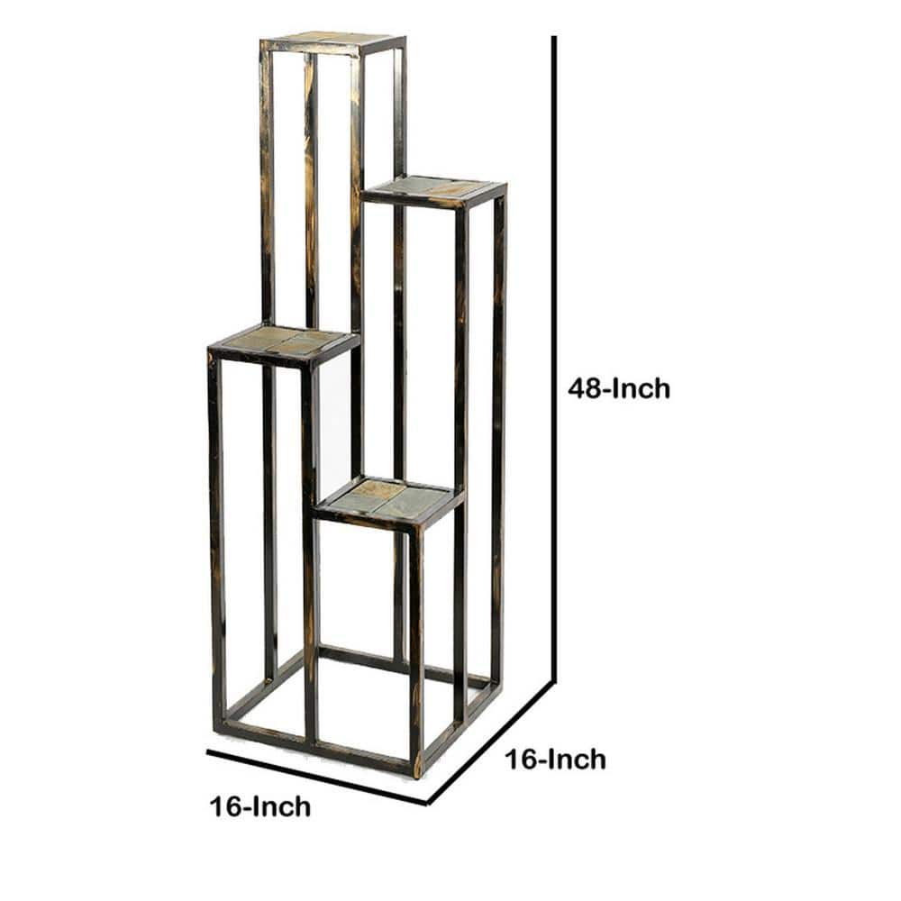 Benjara 48 in. Black and Gold Square Stone Plant Stand with 4-Tier BM216737