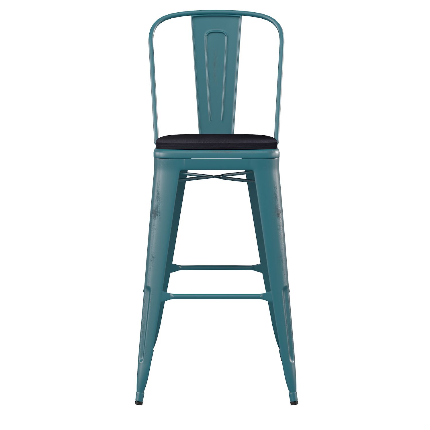 Emma and Oliver Nova Distressed Metal Stools with Backs and Polystyrene Seats for Indoor/Outdoor Use