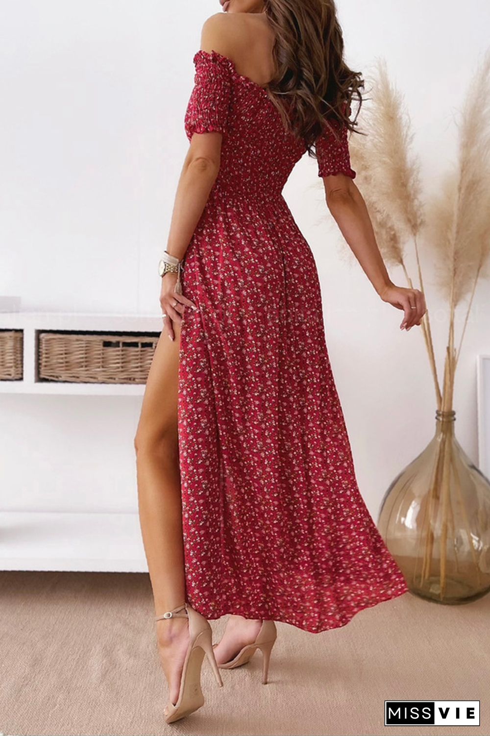 Elegant Floral Slit Fold Off the Shoulder Waist Skirt Dresses