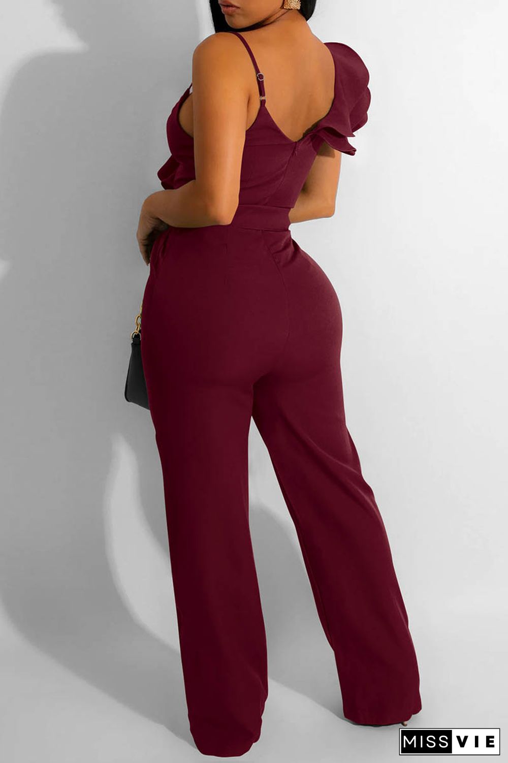 Burgundy Casual Solid Patchwork V Neck Regular Jumpsuits