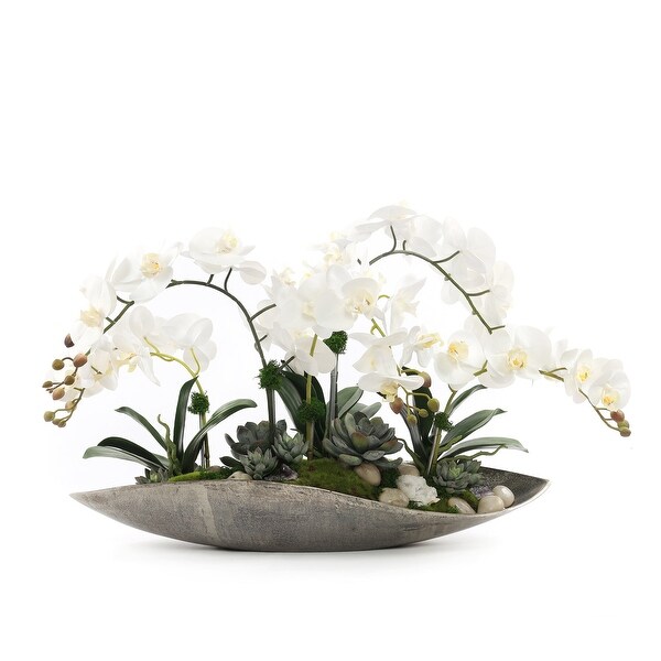 Cream White Real Touch Phalaenopsis Orchids in Large Metal Tray