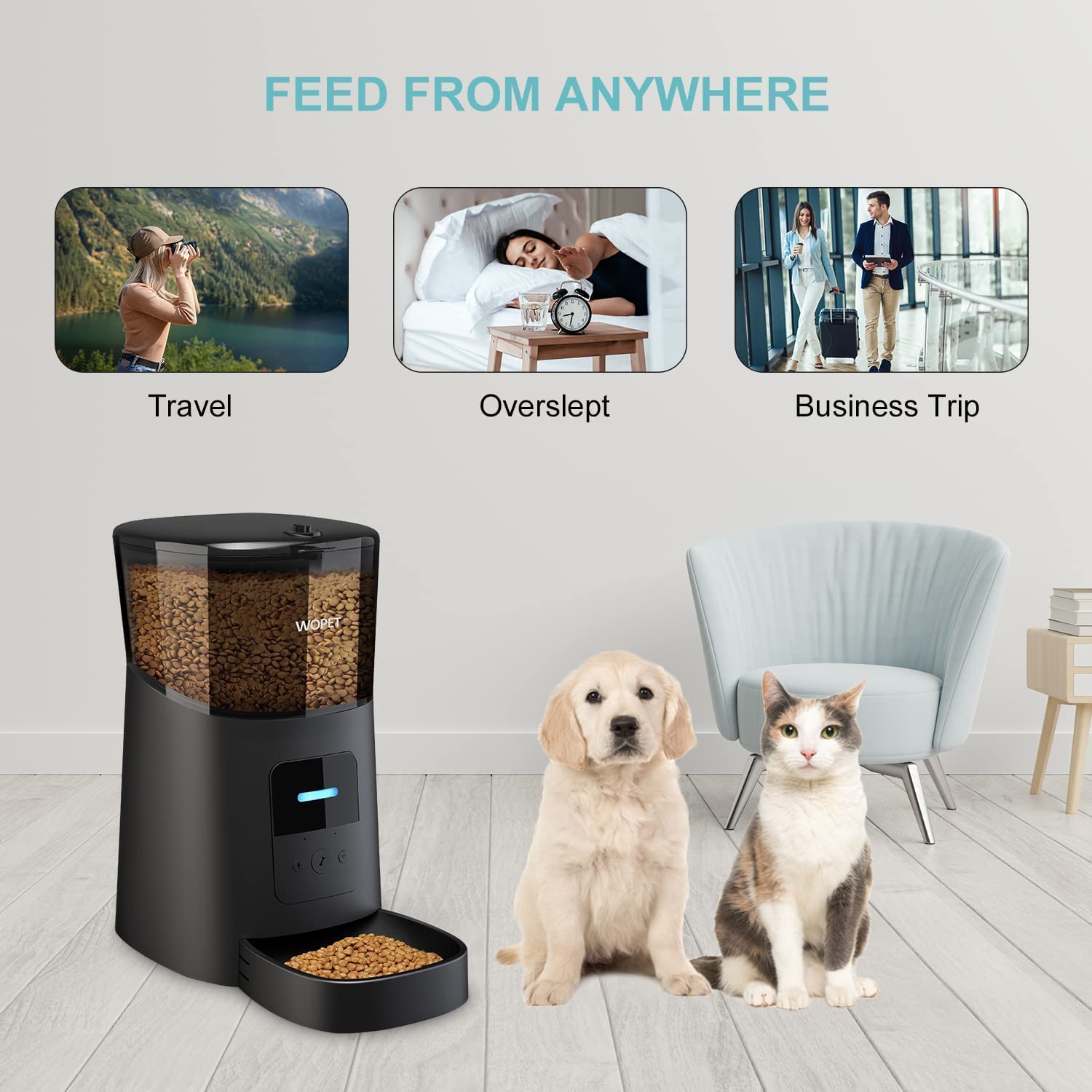 6L Automatic Cat Feeder，Wi-Fi Enabled Smart Pet Feeder for Cats and Dogs，Auto Dog Food Dispenser with Portion Control， Distribution Alarms and Voice Recorder Up to 15 Meals per Day (Black)