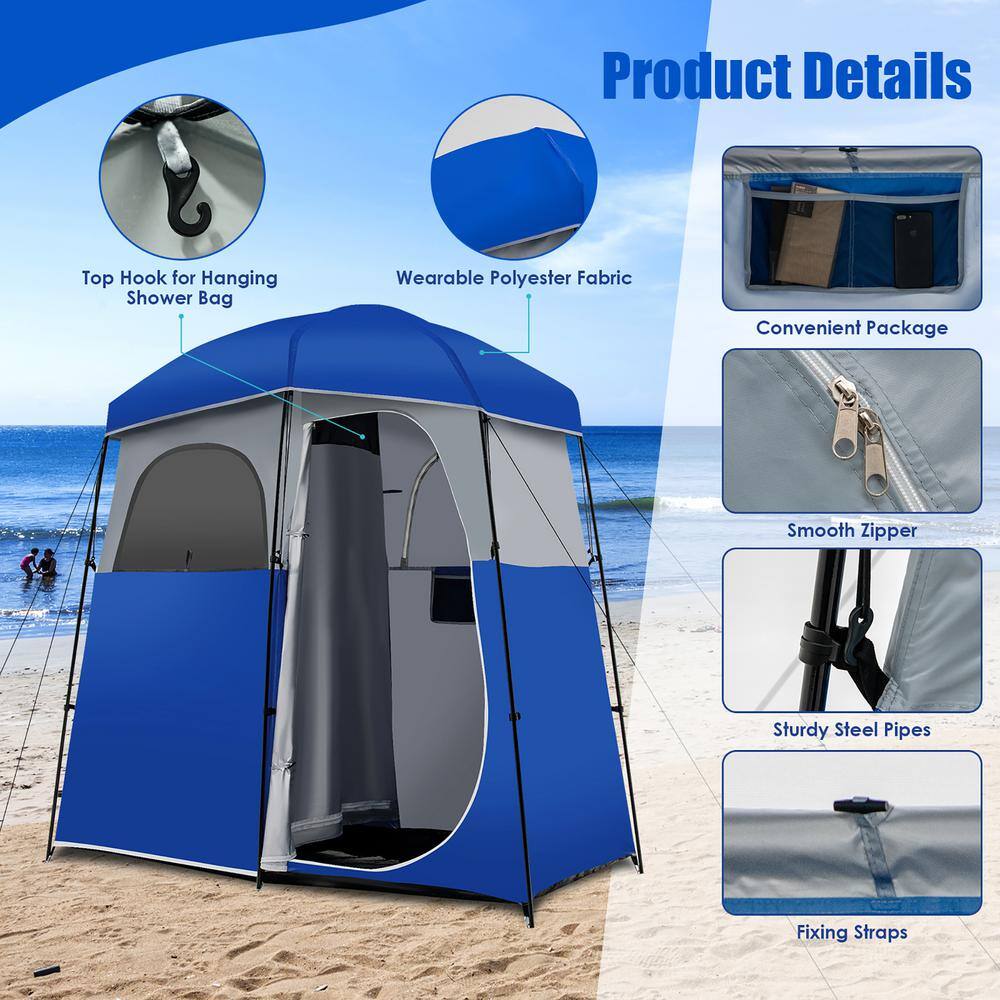 Costway Double-Room Blue Camping Shower Toilet Tent with Floor Oversize Portable Storage Bag GP11664BL