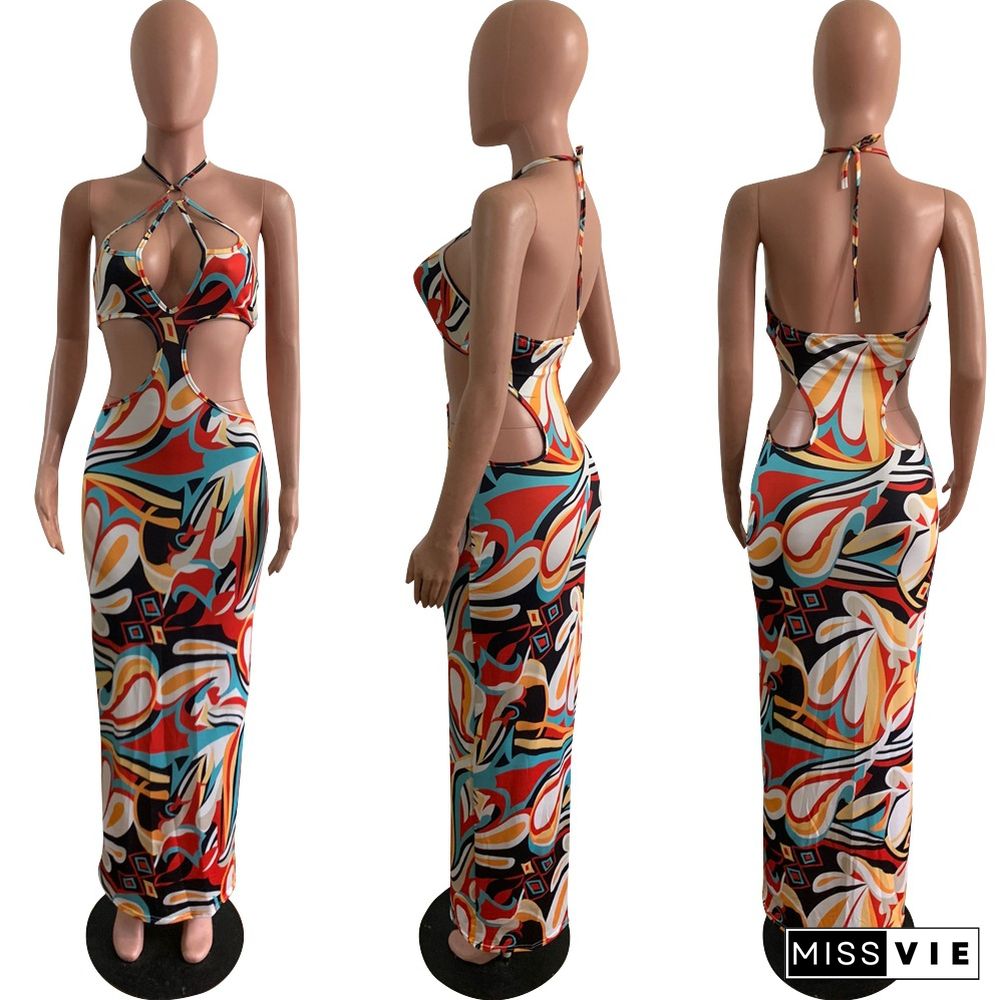 Fashion Print Sleeveless Halter Hollow Out High Waist Strechy Bodycon Maxi Floor Length Nightclub Women Dresses