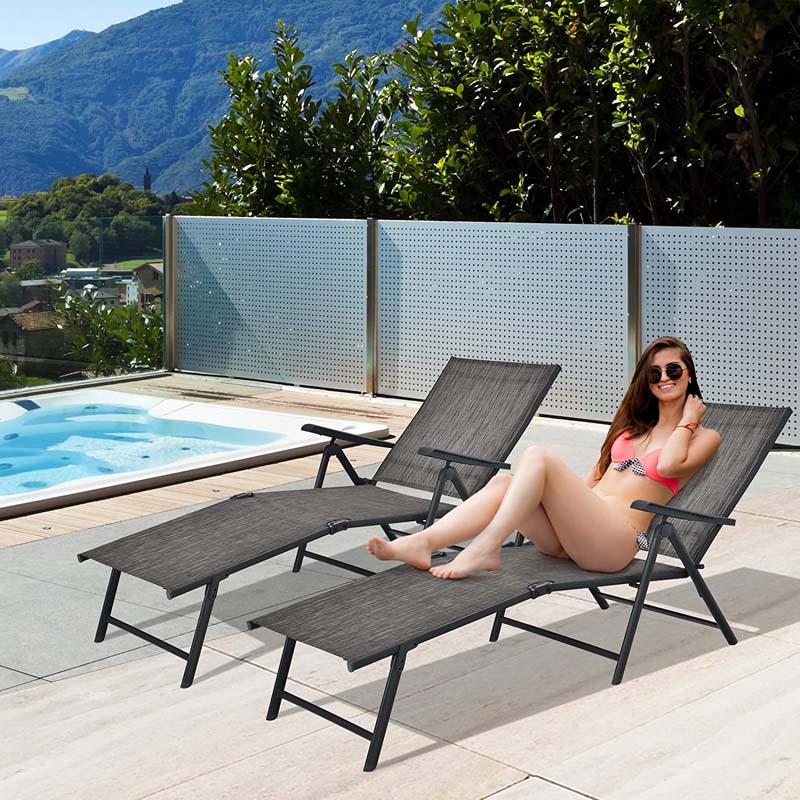 2 Pcs Folding Chaise Lounge Chair with 5-Position Backrest & 2-Position Footrest, Fabric Seat Sun Lounger for Pool Deck Beach