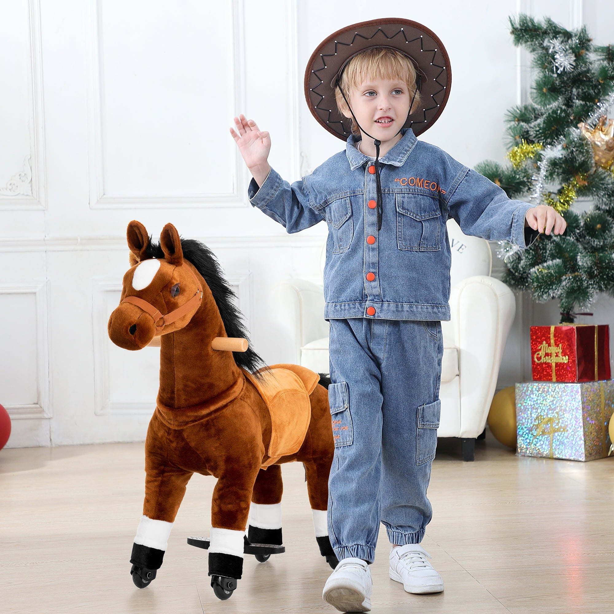 Ponyeehaw Ride on Horse Toys， Ride on Toys for 3-5 Years Old Girls and Boys， Premium Plush Walking Horse with Wheels (Brown)