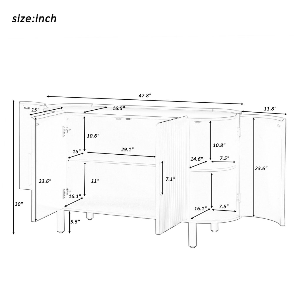 Sideboard Buffet Cabinet  Curved Design Kitchen Accent Cabinet  Modern Credenza with Adjustable Shelves for Dining Room  Hallway