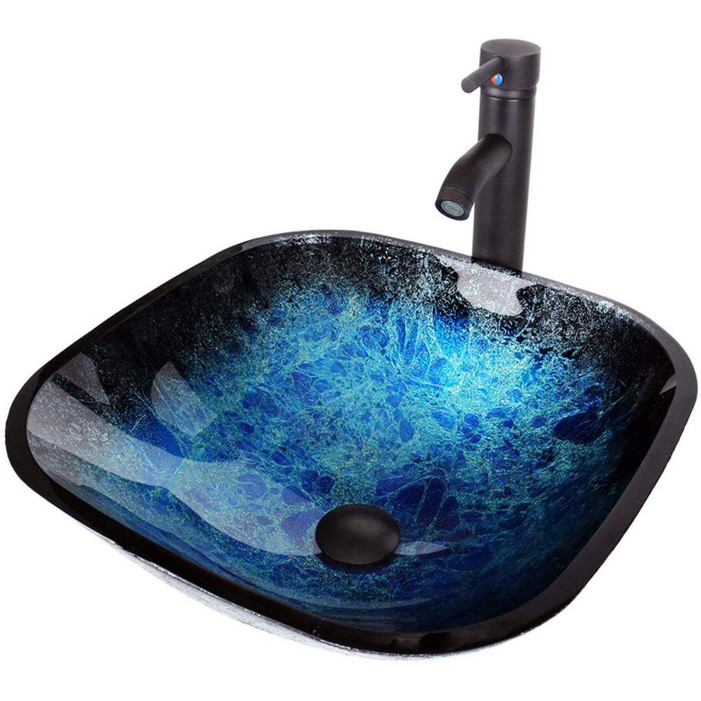 Puluomis Glass Square Vessel Sink in Ocean Blue USBA20076