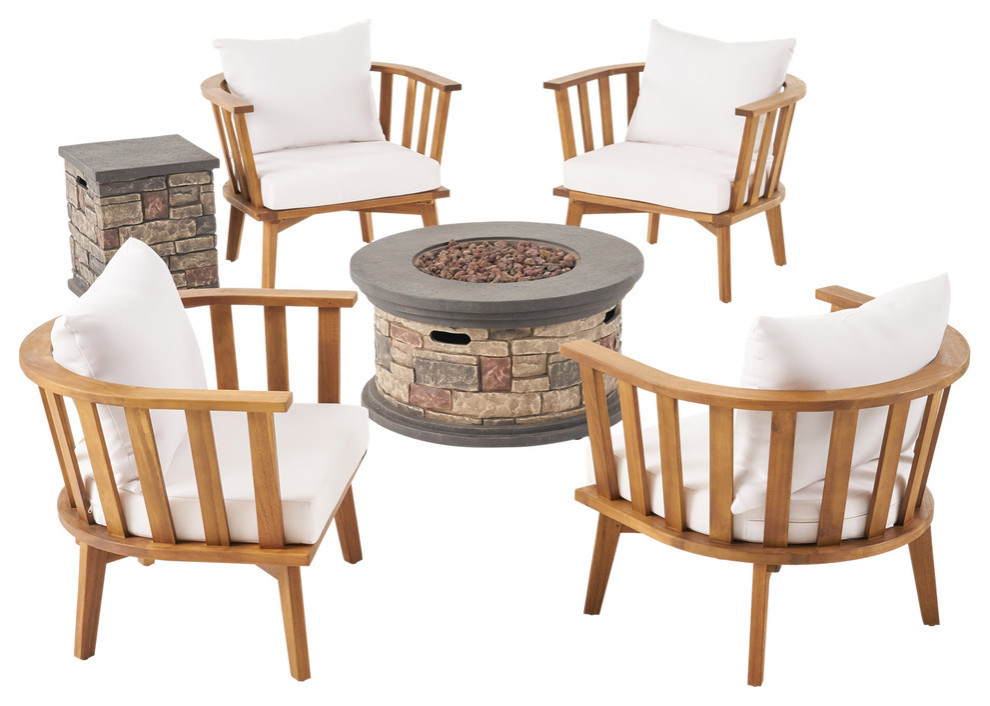 Naomi Outdoor Acacia Wood 4 Seater Club Chairs and Fire Pit Set   Midcentury   Outdoor Lounge Sets   by GDFStudio  Houzz