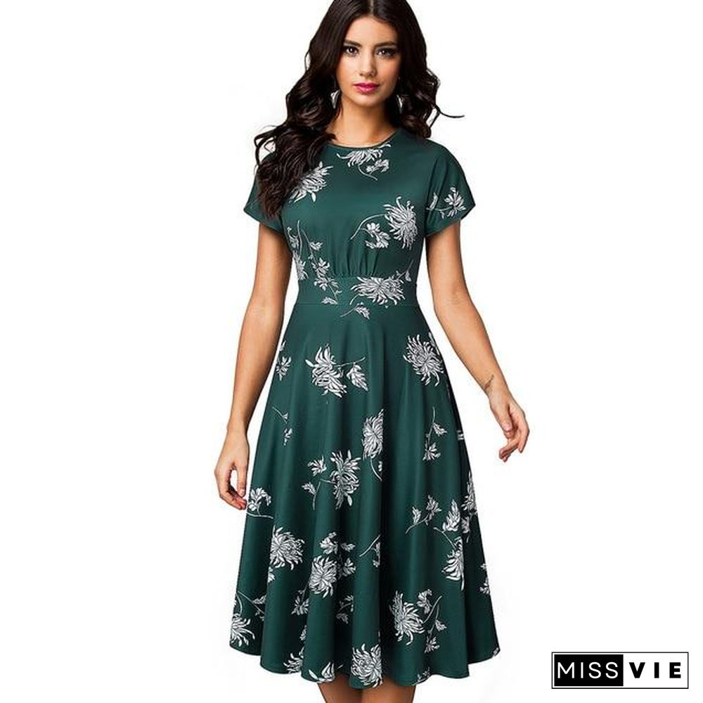 Women Vintage Elegant Floral Print Pleated Round neck A-Line Pinup Party Dress Black Dresses