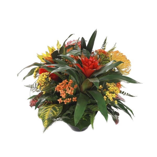 Bromeliad Tropical Flowers Arrangement In Oval Zinc Pot