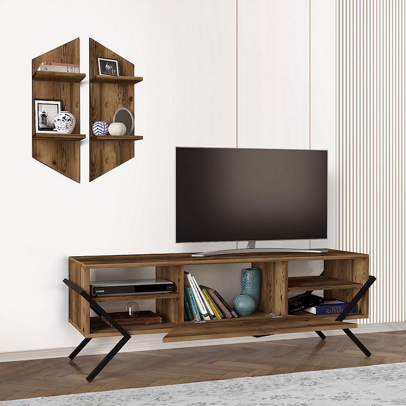 55 Inch Wood TV Console Entertainment Center， 1 Drop Down Door， 2 Wall Shelves， Walnut， Black