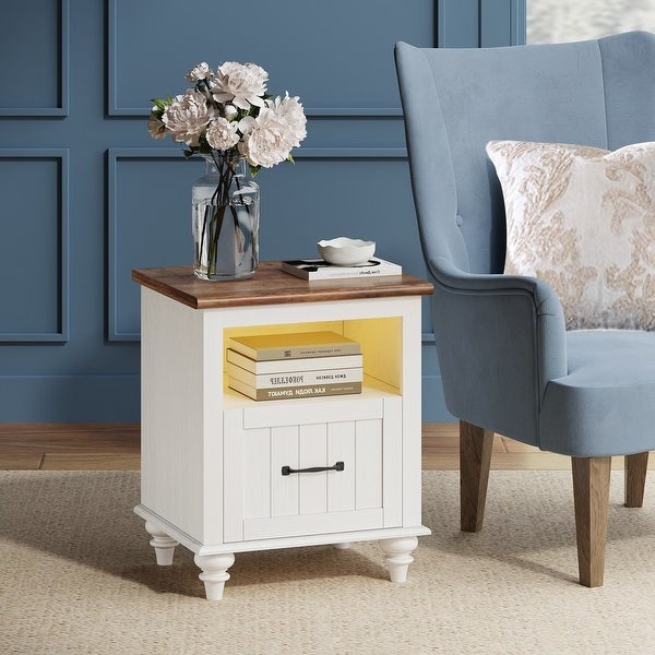 Mid Century End Table Nightstand with Drawer and Charging Station， White