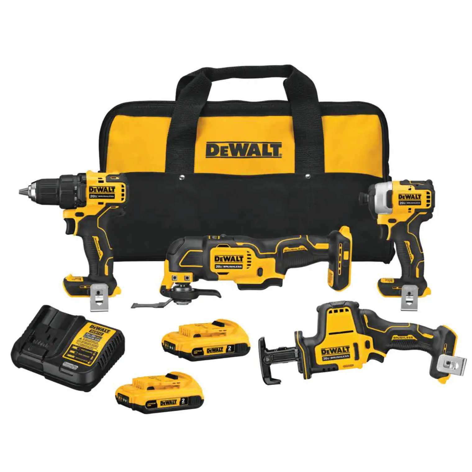 Dewalt Atomic 20-Volt MAX Cordless Brushless Combo Kit (4-Tool)， (2) 2.0 Ah Batteries， Charger and Bag (DCK489D2)