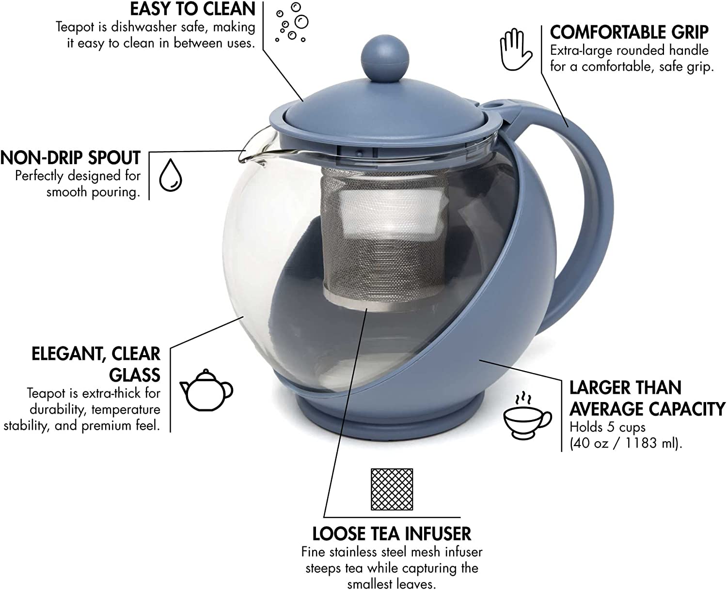 Primula Half Moon Teapot Set with 4 Tea Cups, Removable Stainless Steel Filter and Infuser, Glass Tea Maker, Filter, Dishwasher Safe, 40-Ounce, Tea Gift Set, Tea Set for Service of 4 Adults