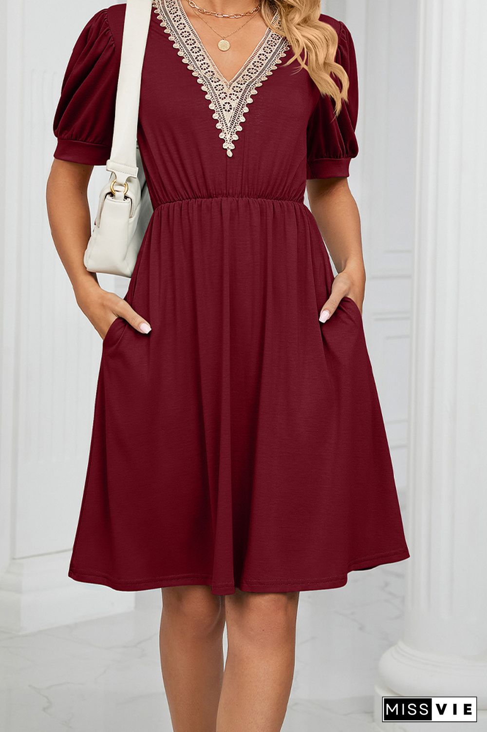 V Neck Lace Edge Pockets T-Shirt Dress