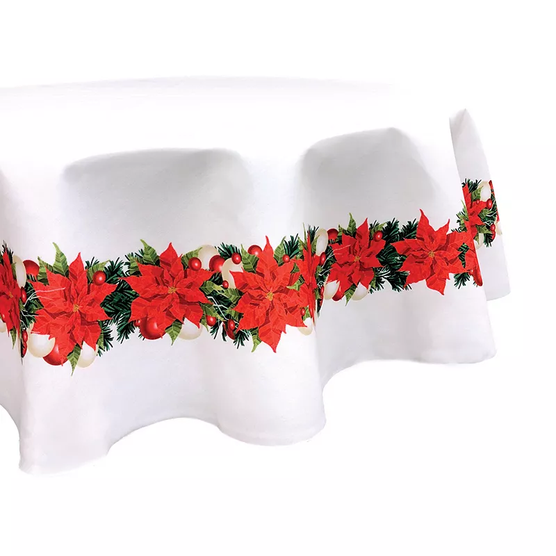 Round Tablecloth， 100% Polyester， 70 Round， Christmas Poinsettia Garland