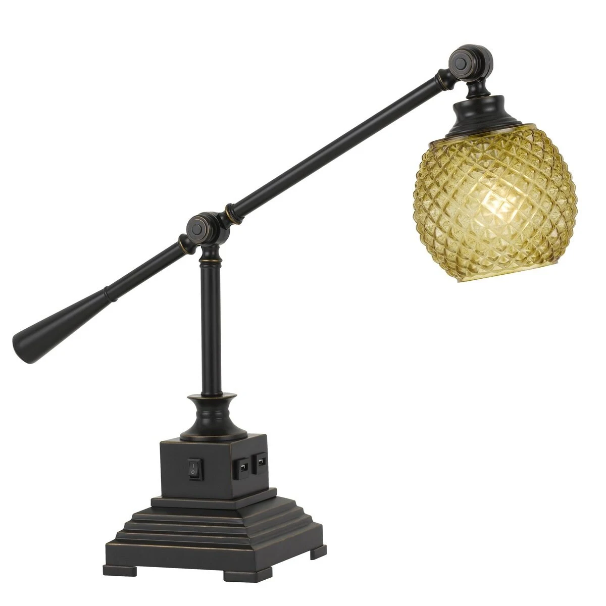 Glass Shade Metal Desk Lamp with 2 USB Outlets， Dark Bronze and Gold - 21 H x 6.5 W x 23 L Inches