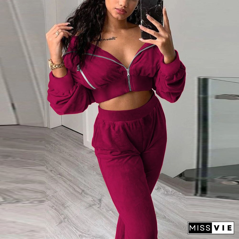 Velvet Zip Jacket Crop Top Pencil Pants Two Piece Set