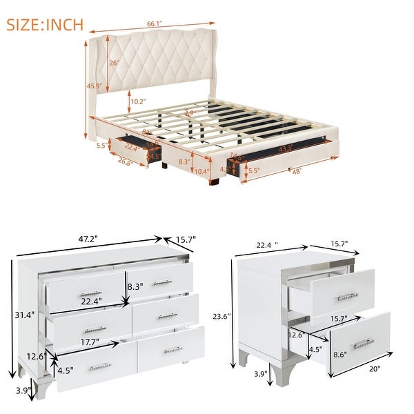 4-Pieces Luxury Bedroom Sets， Queen Size Upholstered Bed with Storage Drawers， 2 High Gloss Nightstands and 1 Dresser - - 38057660