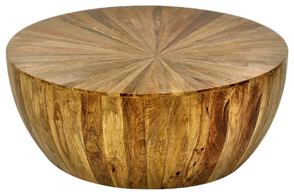 Sunburst Pattern Solid Wood Drum Coffee Table Mango Wood   Rustic   Coffee Tables   by Sideboards and Things  Houzz