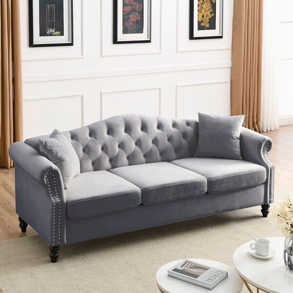 3 Seater Sofa Tufted Couch with Rolled Arms and Nailhead