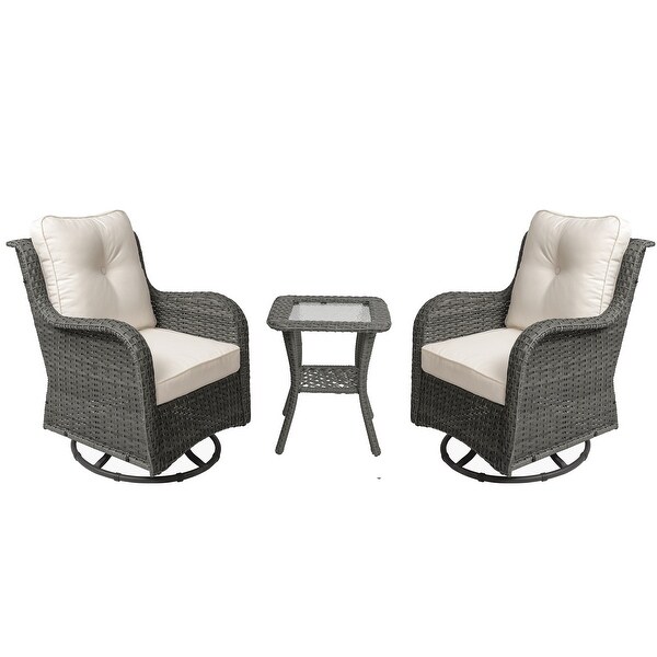 Outdoor 3 Pieces Rattan Wicker Bistro Set Swivel Rocker With Cushion and Table