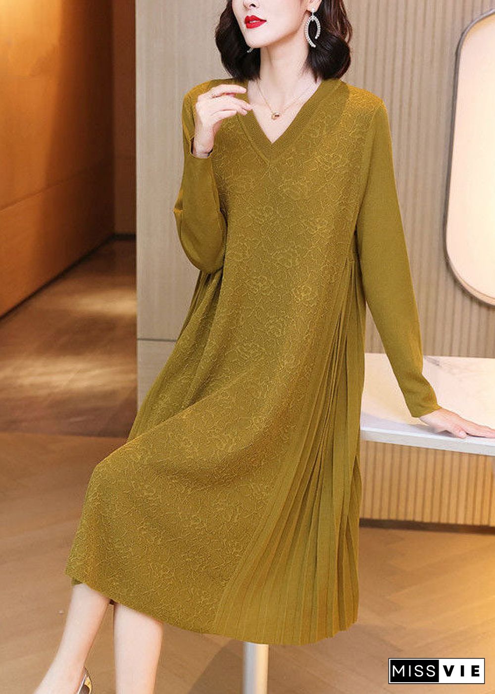 Loose Yellow V Neck Patchwork Wrinkled Jacquard Knit Maxi Dresses Spring