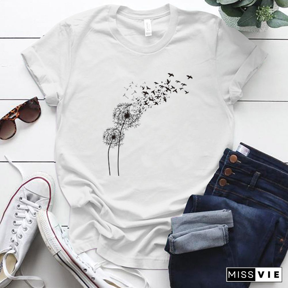 Harajuku Shirt Dandelion Printing Graphic Tees Women Street Style Short Sleeve O-Neck Cotton Woman Tshirts Tops Mulher Camisetas